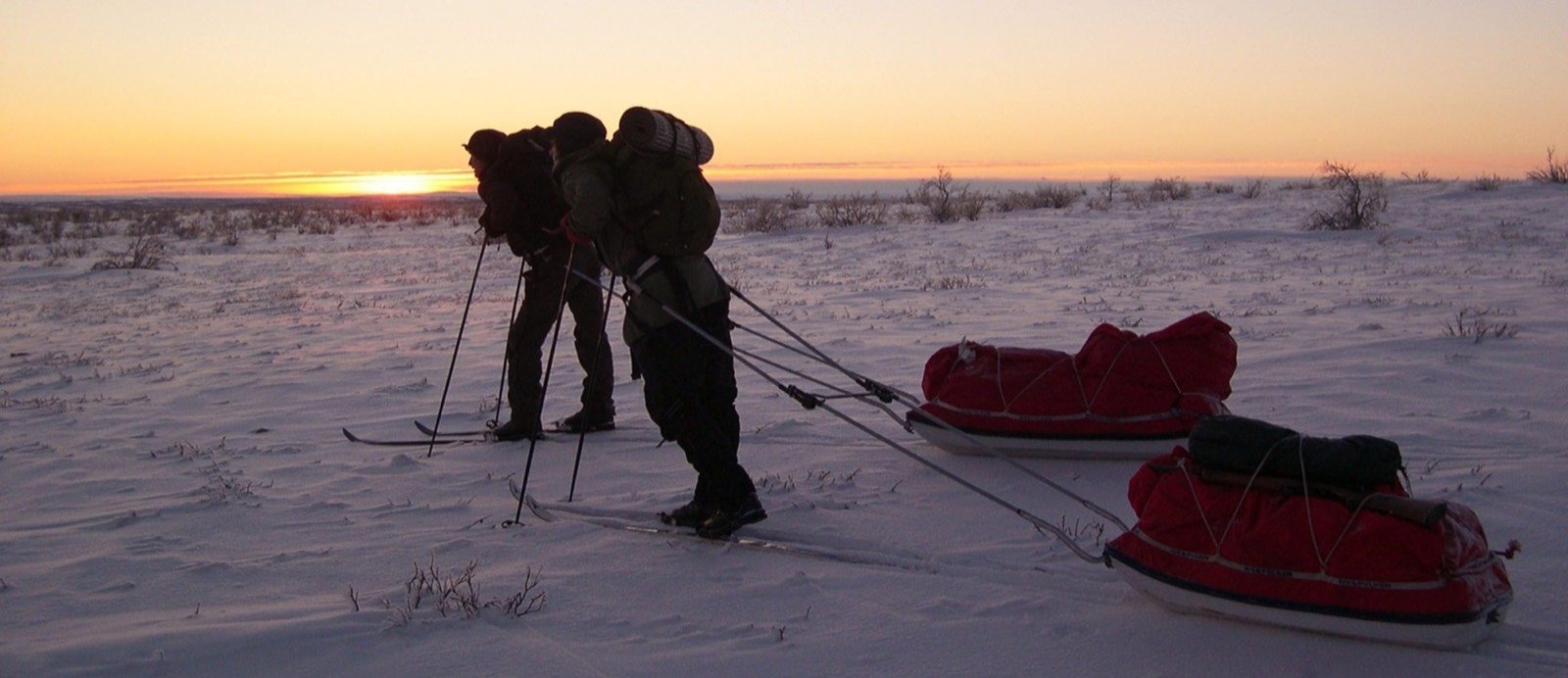 Skiers pulling pulks across a snowy plateau at dusk